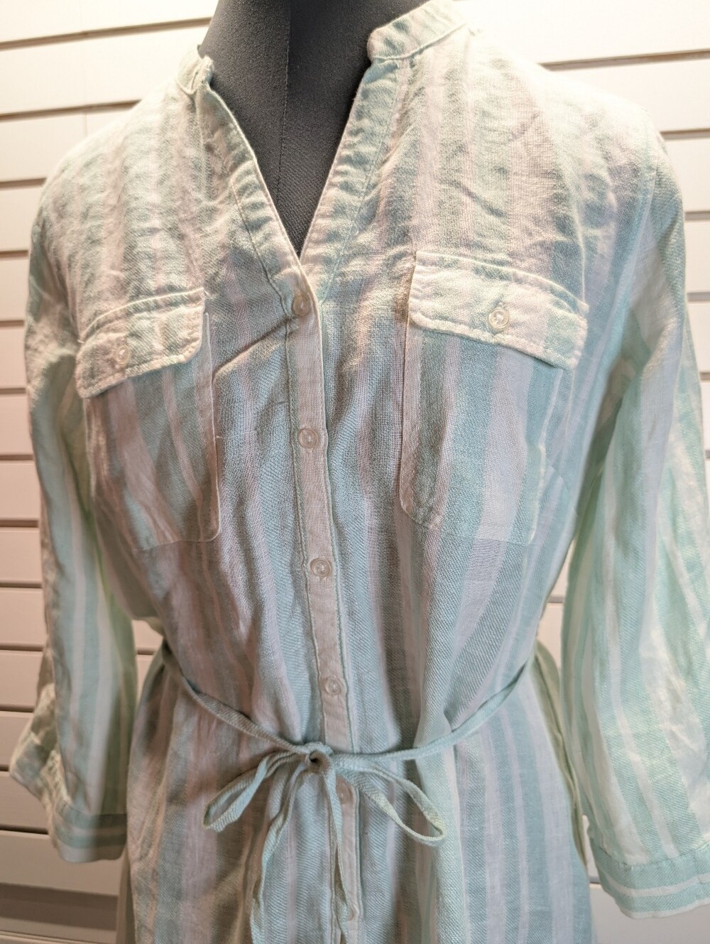 Malvin | Hamburg Germany 100% Linen Green/White Stripe Shirt Dress Size 10 NWT - Picture 3 of 9
